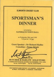 ELWORTH CRICKET CLUB 1999 DINNER MENU - SIGNED BY RICHARD HADLEE