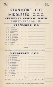 STANMORE C.C. V MIDDLESEX C.C.C. 1953 CRICKET SCORECARD