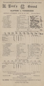 CLIFTON V TONBRIDGE 1937 CRICKET SCORECARD