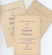 CLAPHAM CRICKET CLUB DINNER MENUS 1930-32 (3 IN TOTAL)