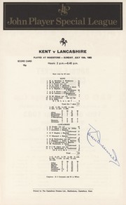 KENT V LANCASHIRE 1983 CRICKET SCORECARD - SIGNED BY UNDERWOOD