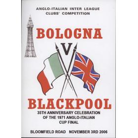 BLACKPOOL V BOLOGNA (35TH ANNIVERSARY OF 1971 ANGLO-ITALIAN CUP FINAL) 2006 DINNER MENU