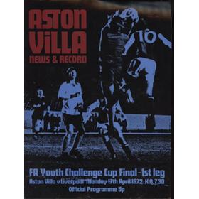 ASTON VILLA  V LIVERPOOL (FA YOUTH CHALLENGE CUP FINAL) 1971-72 FOOTBALL PROGRAMME