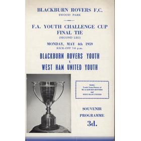 BLACKBURN ROVERS V WEST HAM UNITED  (YOUTH CUP FINAL) 1958-59 FOOTBALL PROGRAMME