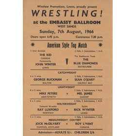 WRESTLING FLYER 1966 (WEST SANDS) - INCLUDING JOHN WINTER, THE KID, MEL JAMES ETC.