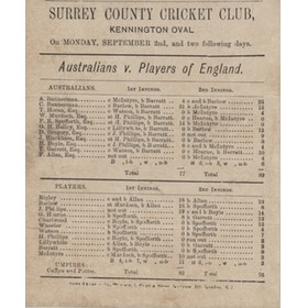 PLAYERS OF ENGLAND V AUSTRALIA 1878 CRICKET SCORECARD (BARRATT TAKES ALL 10 WICKETS)