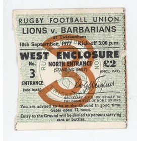 BARBARIANS V BRITISH LIONS 1977 RUGBY TICKET