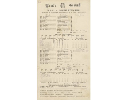 M.C.C. V SOUTH AFRICANS 1907 CRICKET SCORECARD - SIGNED BY TARRANT & SNOOKE