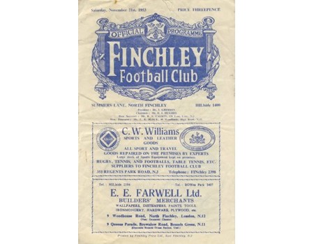 FINCHLEY V SOUTHEND UNITED 1953/54 (F.A. CUP) FOOTBALL PROGRAMME