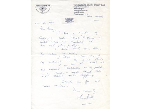 LEN HUTTON  (YORKSHIRE & ENGLAND) 1990 HANDWRITTEN CRICKET LETTER