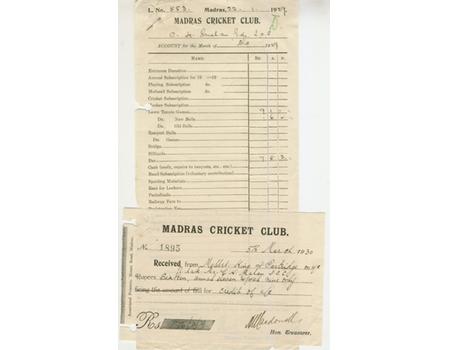 MADRAS CRICKET CLUB (BILL AND RECEIPTS, DATED 1929 AND 1930)