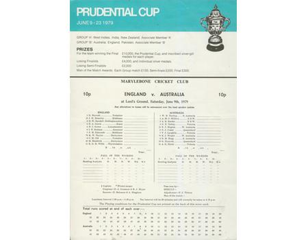 ENGLAND V AUSTRALIA 1979 (WORLD CUP MATCH) CRICKET SCORECARD