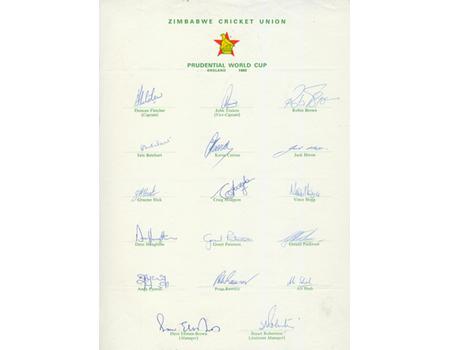 ZIMBABWE 1983 (WORLD CUP TEAM) OFFICIAL AUTOGRAPH SHEET