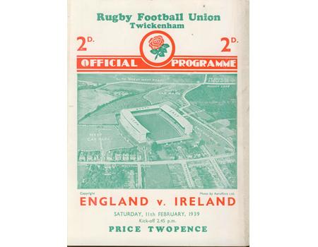 ENGLAND V IRELAND 1939 RUGBY PROGRAMME