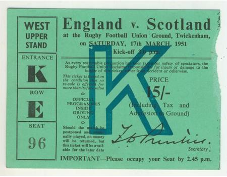 ENGLAND V SCOTLAND 1951 RUGBY TICKET