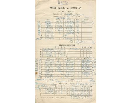 WEST INDIES V PAKISTAN 1958 CRICKET SCORECARD (1ST TEST, BARBADOS) - HANIF MOHAMMAD 337