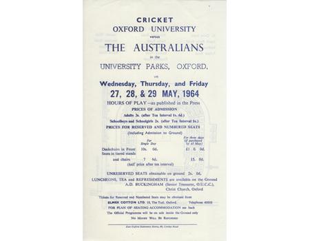 OXFORD UNIVERSITY V AUSTRALIA 1964 CRICKET FLYER 