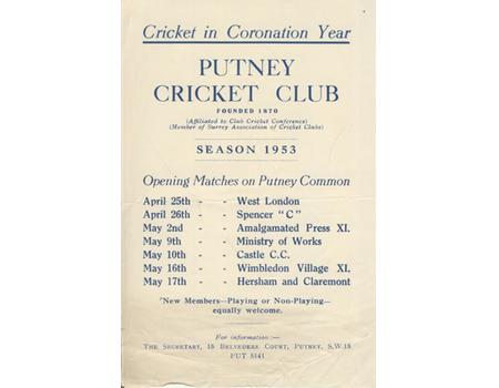 PUTNEY CRICKET CLUB 1953 CRICKET FLYER