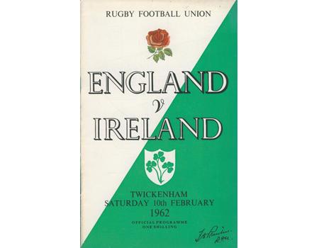 ENGLAND V IRELAND 1962 RUGBY PROGRAMME