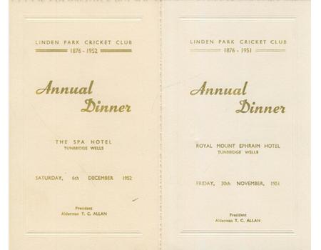 LINDEN PARK CRICKET CLUB (KENT) 1951 & 1952 ANNUAL DINNER MENUS