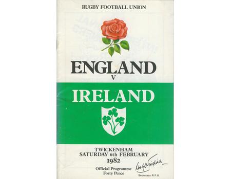 ENGLAND V IRELAND 1982 RUGBY PROGRAMME (IRELAND TRIPLE CROWN SEASON)