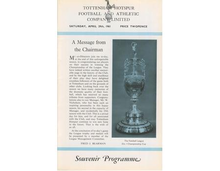 TOTTENHAM HOTSPUR V WEST BROMWICH ALBION 1960-61 FOOTBALL PROGRAMME - LEAGUE TROPHY PRESENTED