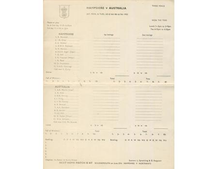 HAMPSHIRE V AUSTRALIANS 1953 CRICKET SCORECARD