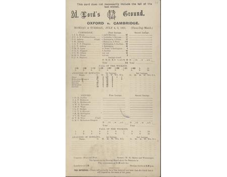 OXFORD UNIVERSITY V CAMBRIDGE UNIVERSITY 1921 CRICKET SCORECARD