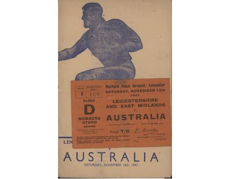 LEICESTERSHIRE & EAST MIDLANDS V AUSTRALIA 1947 RUGBY PROGRAMME & TICKET