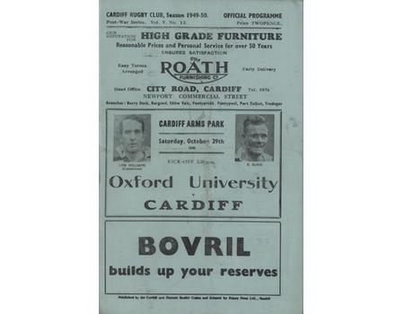 CARDIFF V OXFORD UNIVERSITY 1949 RUGBY PROGRAMME