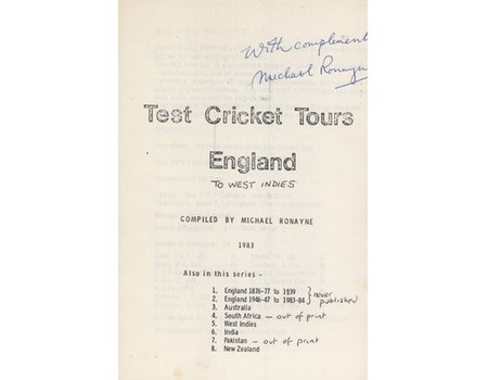 TEST CRICKET TOURS - ENGLAND TO WEST INDIES