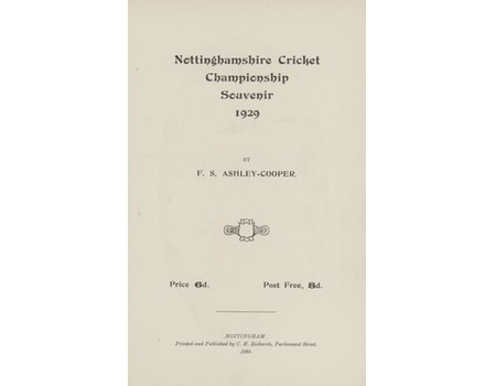 NOTTINGHAMSHIRE CRICKET CHAMPIONSHIP SOUVENIR 1929