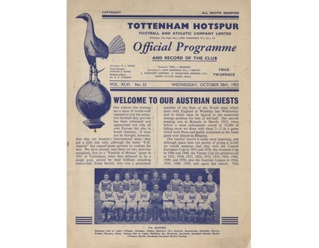 TOTTENHAM HOTSPUR V FC AUSTRIA 1953-54 FOOTBALL PROGRAMME