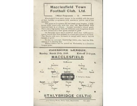 MACCLESFIELD TOWN V STALYBRIDGE CELTIC 1947-48 FOOTBALL PROGRAMME