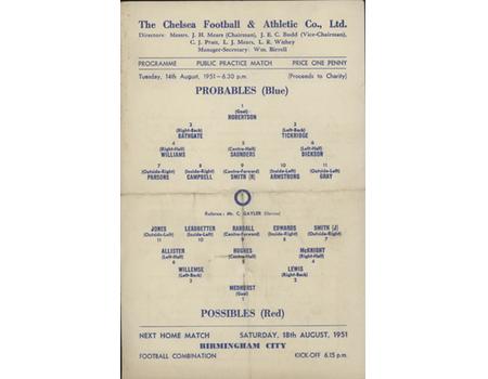 CHELSEA BLUES V REDS (PUBLIC PRACTICE MATCH) 1951-52 FOOTBALL PROGRAMME