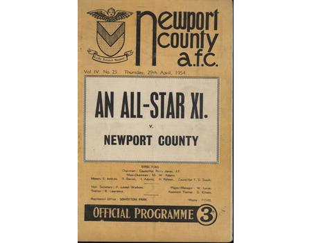 ALL STAR XI V NEWPORT COUNTY (CHARITY MATCH) 1953-54 FOOTBALL PROGRAMME