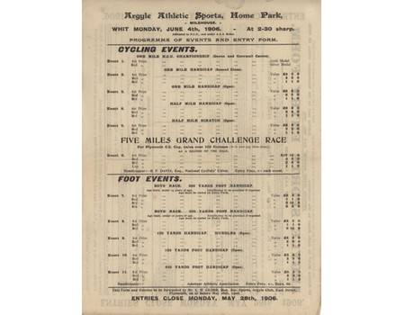 ARGYLE ATHLETIC SPORTS (HOME PARK, PLYMOUTH) 1906 PROGRAMME OF EVENTS