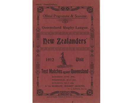 AUSTRALIA (QUEENSLAND) V NEW ZEALAND 1912 RUGBY LEAGUE PROGRAMME