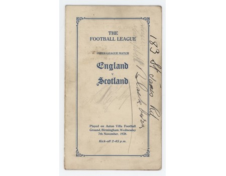 ENGLAND V SCOTLAND (INTER-LEAGUE MATCH) 1928 TEAM LIST AND ITINERARY (PROPERTY OF ARTHUR RIGBY)