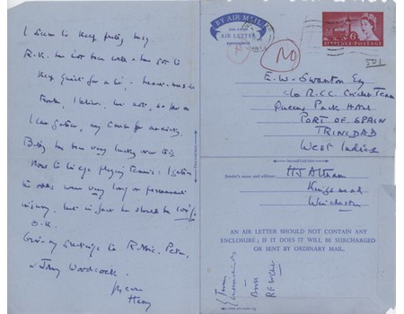 HARRY ALTHAM TO E.W. SWANTON 1960 AIR MAIL CRICKET LETTER