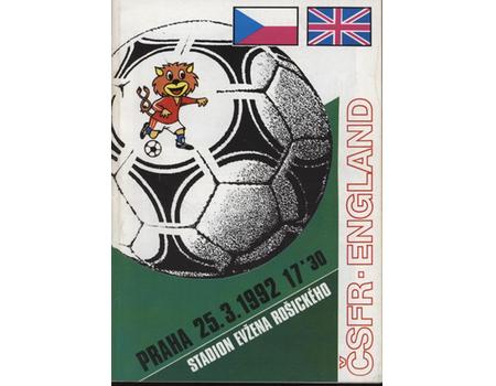 CZECHOSLOVAKIA V ENGLAND 1992 FOOTBALL PROGRAMME