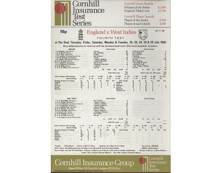 ENGLAND V WEST INDIES 1980 (OVAL) CRICKET SCORECARD