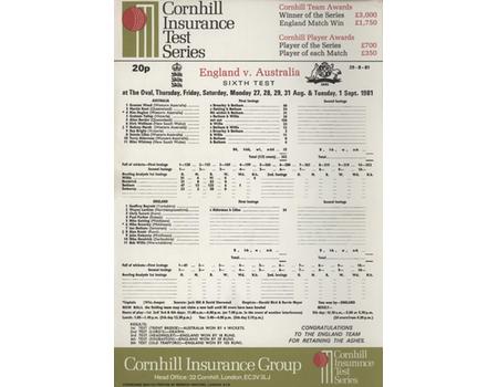 ENGLAND V AUSTRALIA 1981 (OVAL) CRICKET SCORECARD - ENGLAND RETAIN THE ASHES