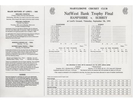 HAMPSHIRE v SURREY 1991 NATWEST FINAL CRICKET SCORECARD