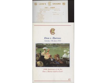 ETON V HARROW BOOKLET AND SCORECARD FOR THE ANNIVERSARY GAME AT LORD