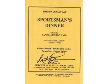 ELWORTH CRICKET CLUB 1999 DINNER MENU - SIGNED BY RICHARD HADLEE