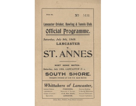 LANCASTER V ST. ANNES 1949 CRICKET PROGRAMME