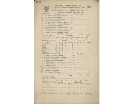 ENGLAND XI V COMMONWEALTH XI 1951 CRICKET SCORECARD