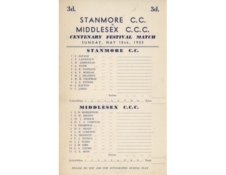 STANMORE C.C. V MIDDLESEX C.C.C. 1953 CRICKET SCORECARD