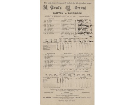 CLIFTON V TONBRIDGE 1937 CRICKET SCORECARD